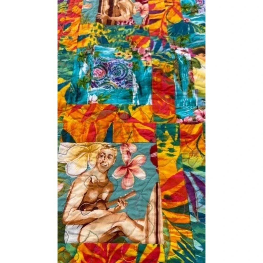 Hawaiian Tropical Hula Girl Surf Patchwork Quilt Multicolor 66x66 Square Bedding